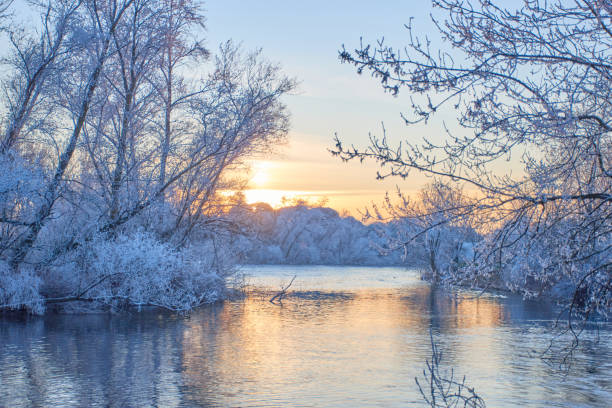 istock River with frozen banks and trees. River with ice. Snowy trees and dramatic sunset. Horizontal view 1297237066