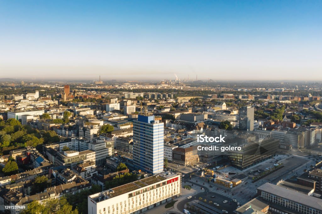 aerial view on Duisburg city skyline at sunny morning hour drone view over Duisburg city skyline at sunny morning hour Duisburg Stock Photo