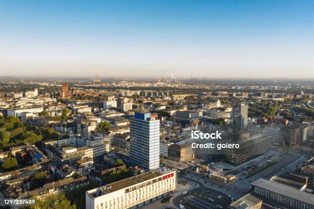 Aerial View On Duisburg City Skyline At Sunny Morning Hour Stock Photo - Download Image Now