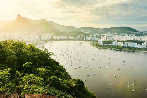 Aerial view of Guanabara bay with boats and Rio de Janeiro cityscape