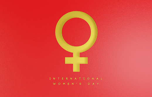 March 8, International Women's Day Concept. Female icon on Red Background. Women's day message with gold lettering.