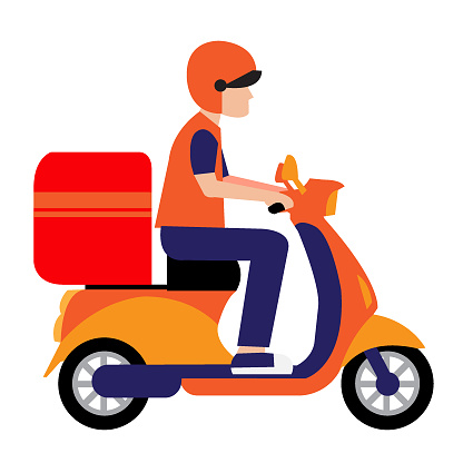 Vector illustration of Fast delivery by bike via mobile phone. Ecommerce concept. Online shopping. Online delivery service concept. Online order tracking. City logistics.