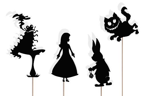 Shadow puppets of Alice, smiling Cheshire Cat, smoking Caterpillar and Rabbit with pocket watch isolated on white background. Alice in Wonderland storytelling.