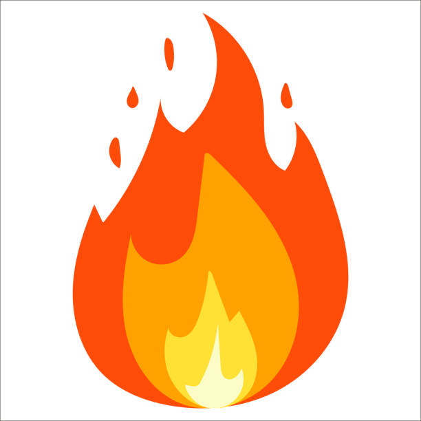 炎のアイコン。孤立した焚き火の看板、白、火の絵文字とロゴのイラストに孤立した顔文字の炎のシンボル - 撃つ点のイラスト素材／クリップアート素材／マンガ素材／アイコン素材