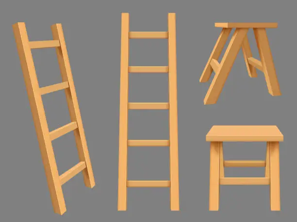 Vector illustration of Interior ladders. High rise household objects wooden ladders vector realistic set