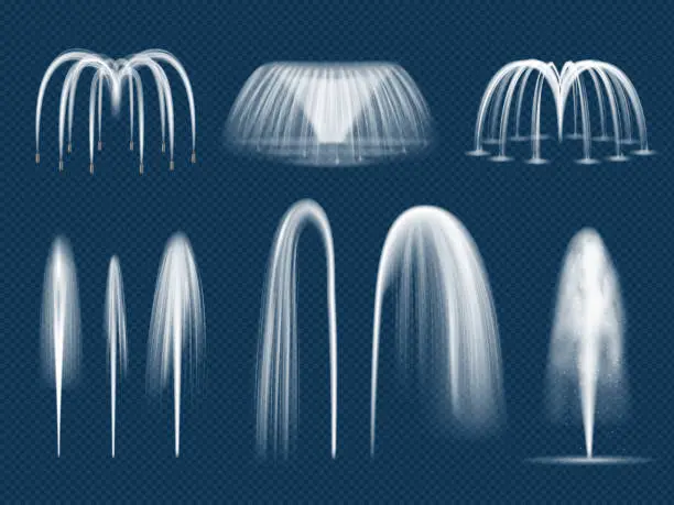 Vector illustration of Fountain jet. Realistic decorative water outdoor splashes isolated vector templates
