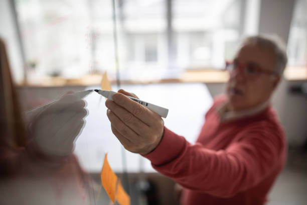 istock Businessman writing some ideas on glass wall in office 1297243470