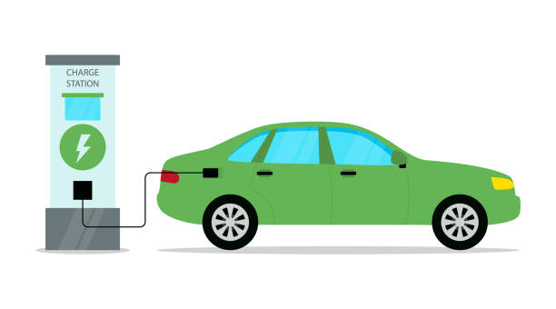 ilustrações de stock, clip art, desenhos animados e ícones de electrical automobile charge station conceptual illustration in cartoon flat style. vector composition with green car filling with energy. modern ecology friendly transport means and environment care - gasoline electricity biofuel car