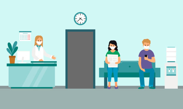 Medical Clinic Reception Or Waiting Room Interior Design In Blue Colors. Vector Composition In Flat Cartoon Style With Characters. People In Face Masks Sitting Near Doctor Door, Female Worker Standing Medical Clinic Reception Or Waiting Room Interior Design In Blue Colors. Vector Composition In Flat Cartoon Style With Characters. People In Face Masks Sit Near Doctor Door, Female Worker Standing. receptionist stock illustrations