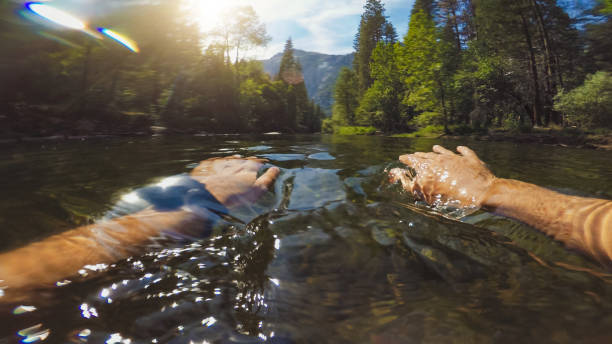 요세미티의 메르세데스 강에서 수영하는 남자의 pov - 개인적 시점 뉴스 사진 이미지