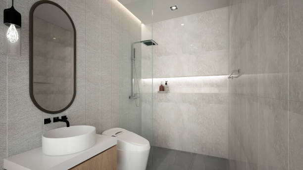 istock Minimal bathroom interior mock up, and empty marble wall background, Scandinavian style, 3d render 1297248081