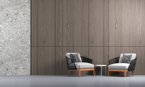 istock Modern living room interior mock up, white sofa on empty wooden wall background, Scandinavian style, 3d render 1297248109