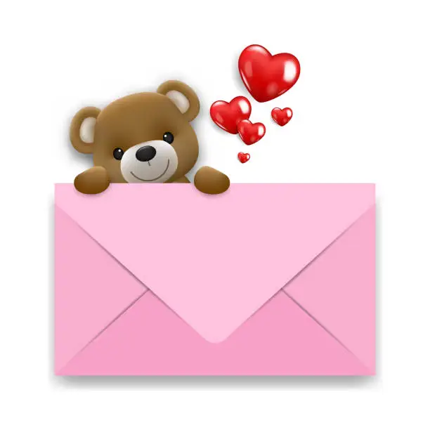 Vector illustration of Realistic little cute smiling bear doll character climb up behind a white mail with hearts. Vector illustration of love and valentine's day. Wedding theme card or poster element in vector 3D design.