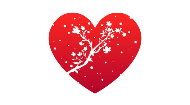 sevgililer günü tebrik kartı. sakura ağaç dalı ve düşen kar ile vektör kırmızı kalp şekli simgesi. aşk tatil illüstrasyon. kiraz çiçek li sancağı. 14 şubat'a kadar sanat - cherry valentine stock illustrations
