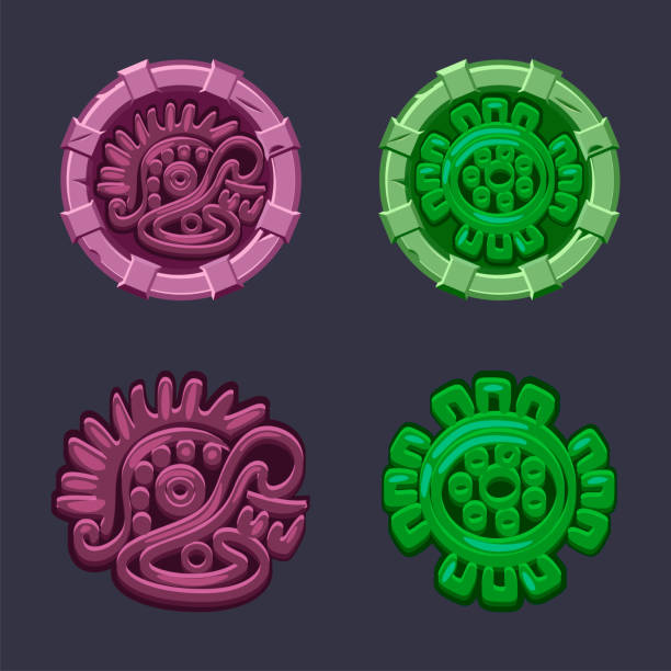ilustrações, clipart, desenhos animados e ícones de conjunto de sinais vetoriais símbolo civilização astecas maia. - monster set pattern green