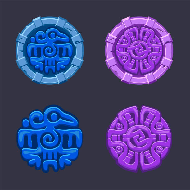Set of vector isolated signs symbol Aztecs Maya culture. Set of vector isolated signs symbol Aztecs Maya culture. Round icons of Mayan bird civilization. aztec stone tattoos stock illustrations