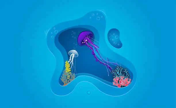 Vector illustration of Vector illustration of Undersea World Aquarium,Paper effect,Set of sea life such as jellyfish and some corals