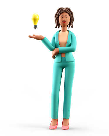 3D illustration of creative african american woman with bulb over hand. Portrait of cartoon smiling elegant businesswoman generating new good ideas or thoughts, isolated on white background.