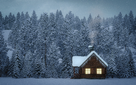 Digitally generated small log cabin with shining windows in wintry forest.\n\nThe scene was rendered with photorealistic shaders and lighting in Autodesk® 3ds Max 2020 with V-Ray 5 with some post-production added.