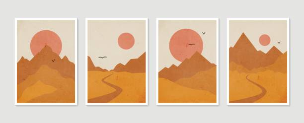 istock Mountain wall art set. Vector earth tones landscapes backgrounds set with moon and sun. Abstract arts design for wall framed prints, poster, cover, home decor, canvas prints, wallpaper. 1297253138