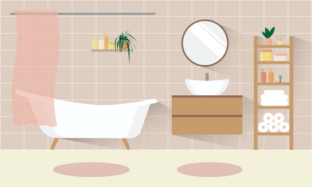 Bathroom interior Bathroom interior background. Beige bath room with sink. Rack with towels, toilet paper rolls. Vector flat illustration. utility room stock illustrations