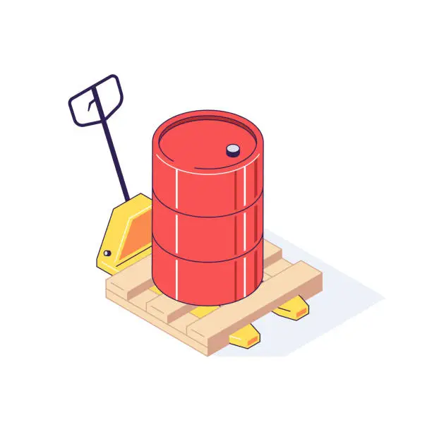 Vector illustration of Isometric truck pallet with barrels. 3d pallets cargo goods fuel benzin petrol gas and combustible vector illustration