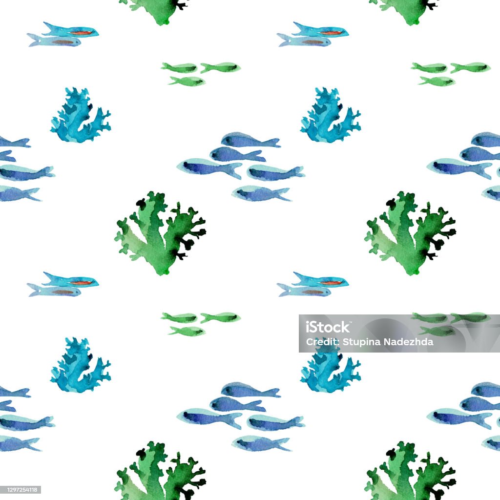 Corals Fish Patterns Watercolor Handdrawn Corals And Fish In Seamless Pattern Stock ...