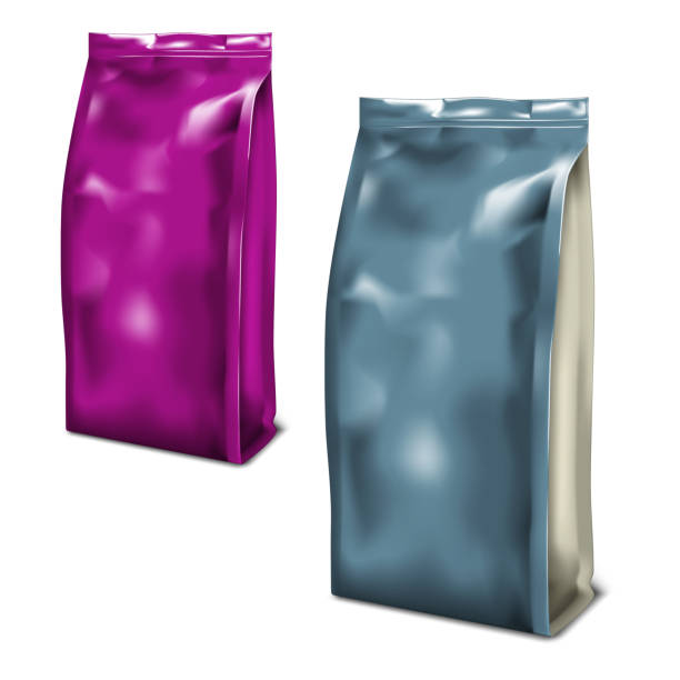 istock Blank color foil gusseted bags, realistic vector illustration. Crumpled stand up pouch set. Coffee, tea, sweets vacuum package, template. Easy to recolor 1297254852