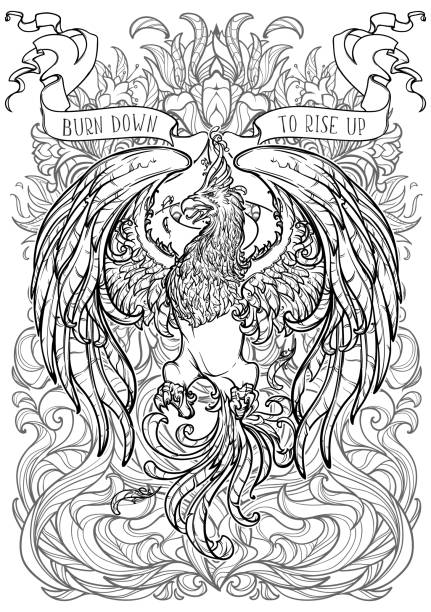 ilustrações de stock, clip art, desenhos animados e ícones de sketch drawing of phoenix on a decorative background - phoenix fire tattoo bird