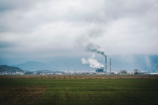 Smoke from a power station / factory stock photo. Environmental problem / Pollution stock photo.