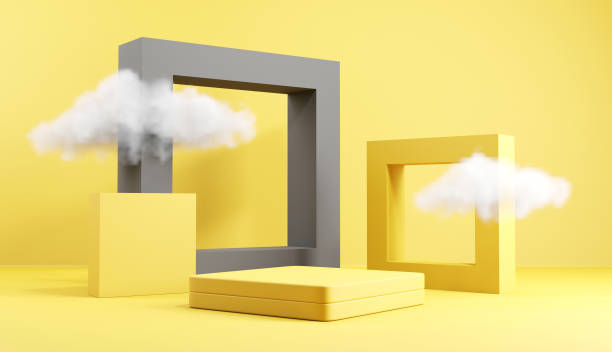 istock Cube podium stage with cloud in yellow and grey backgrounds. 1297256755