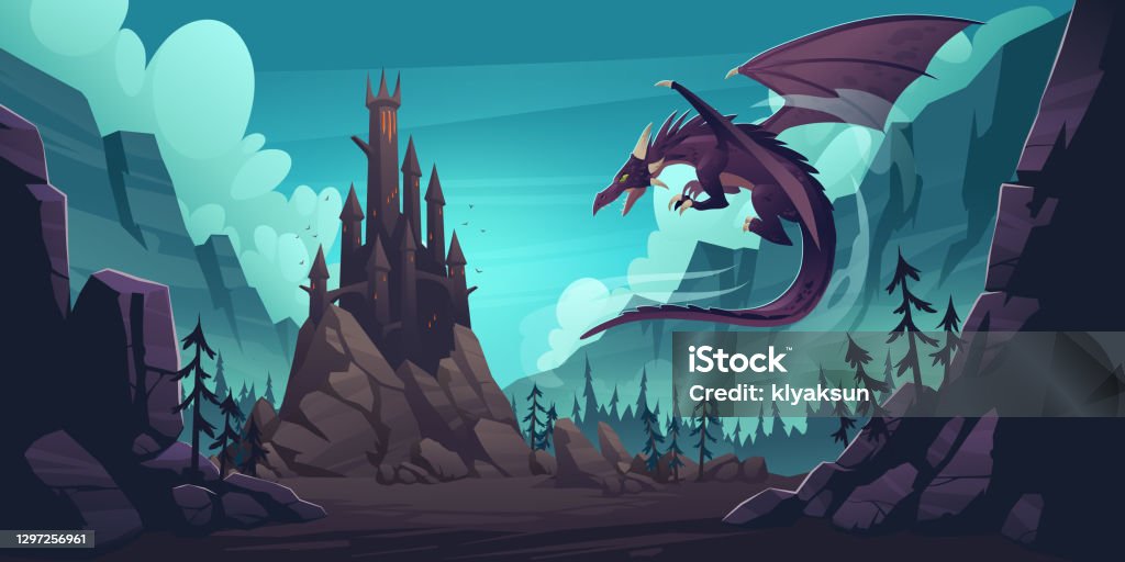 Mountain Landscape With Castle And Dragon Stock Illustration - Download  Image Now - Dragon, Fantasy, Medieval - iStock