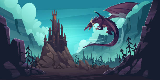 Mountain landscape with castle and dragon Black spooky castle and flying dragon in canyon with mountains and forest. Vector cartoon fantasy illustration with medieval palace with towers, creepy beast with wings, rocks and pine trees dragon stock illustrations