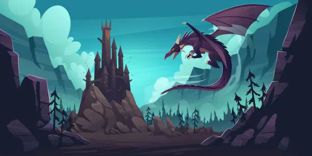 Vector illustration of Mountain landscape with castle and dragon