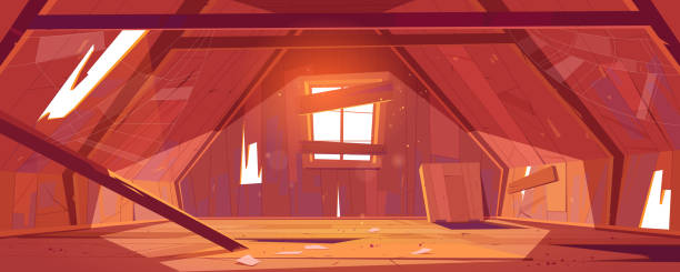 Abandoned house attic interior, empty old mansard Abandoned house attic interior, empty old mansard room, spacious place with holes and spider web on roof with beams, wood floor, boarded up window, architecture, dwelling. Cartoon vector illustration sky light background stock illustrations