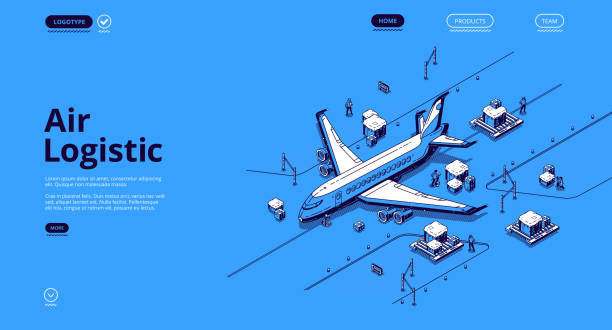 Air logistics isometric landing airplane transport Air logistics isometric landing page. Airplane transport global delivery company service, cargo import export by plane, aircraft goods world transportation business, 3d vector line art web banner global logistics infographic stock illustrations