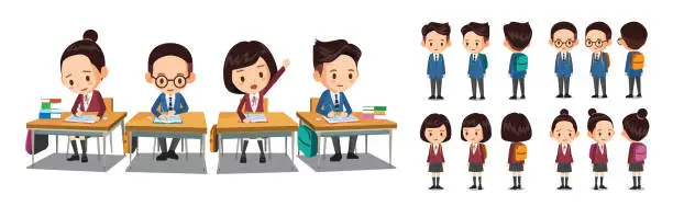 Vector illustration of students in school uniform are studying at the school desk.