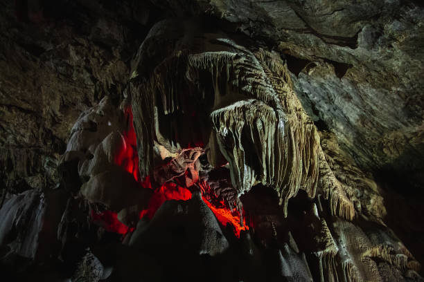 It is an underground cave with stalactites and stalagmites and a glowing crater. Dark and gloomy dungeon