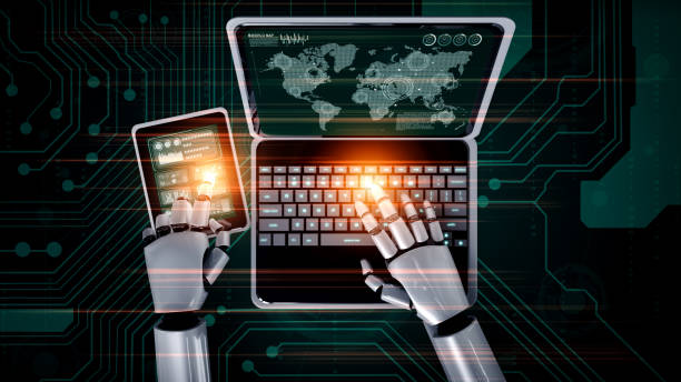 istock Robot humanoid use laptop and sit at table for global network connection 1297263670