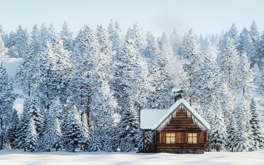Digitally generated idyllic winter morning landscape with a small log cabin and fresh snow covered trees.\n\nThe scene was rendered with photorealistic shaders and lighting in Autodesk® 3ds Max 2020 with V-Ray 5 with some post-production added.