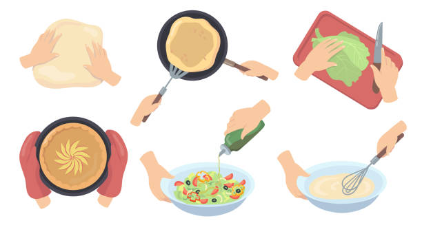 ilustraciones, imágenes clip art, dibujos animados e iconos de stock de manos humanas preparando set plano de alimentos para el diseño web - pancake illustration and painting food vector