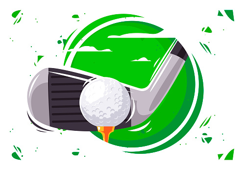 Vector illustration of a golf club with a ball on a green background