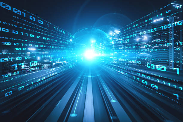 istock Digital data flow on road with motion blur to create vision of fast speed transfer 1297268494