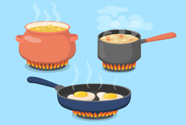 ilustrações de stock, clip art, desenhos animados e ícones de hot pot, saucepan and pan on gas stove flat set for web design - saucepan fire steam soup