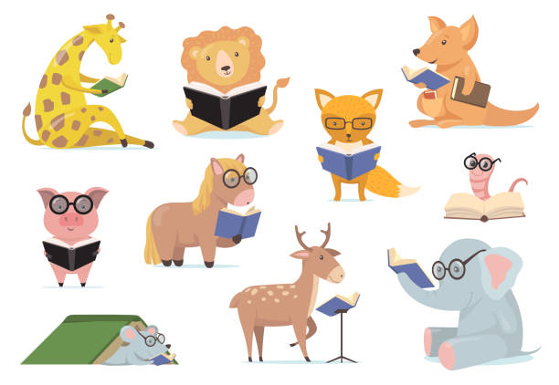 ilustraciones, imágenes clip art, dibujos animados e iconos de stock de animales inteligentes en gafas leyendo libros conjunto plano para diseño web - kangaroo animal humor fun