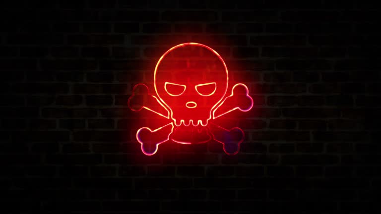 Piracy and skull symbol neon on brick wall