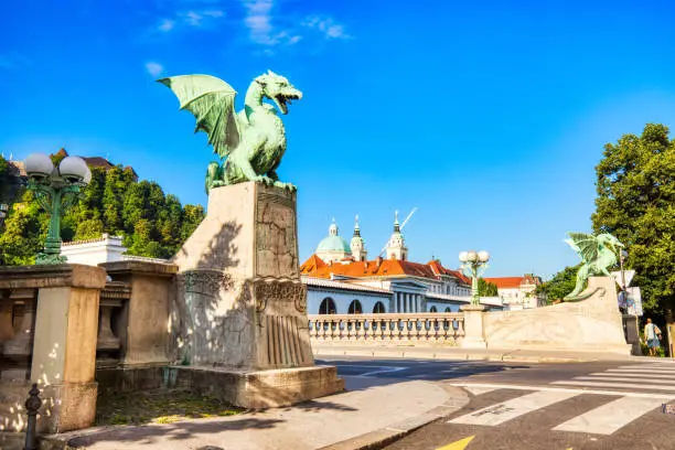 Dragon Bridge during a Sunny day in Ljubljana, Slovenia