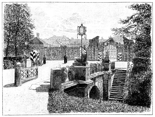Imperial castle in Tsarskoye Selo with Chinese bridge Illustration of a Imperial castle in Tsarskoye Selo with Chinese bridge pushkin st petersburg stock illustrations