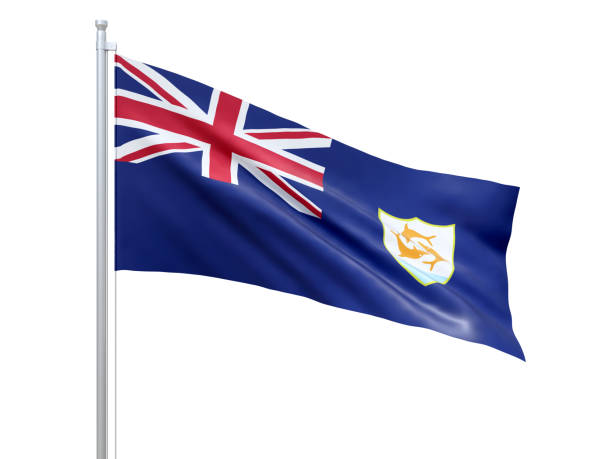 istock Anguilla (British overseas territory) flag waving on white background, close up, isolated. 3D render 1297269680