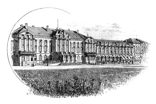 Imperial castle in Tsarskoye Selo with Chinese bridge Illustration of a Imperial castle in Tsarskoye Selo with Chinese bridge pushkin st petersburg stock illustrations